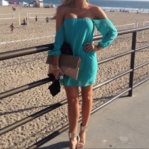 Teal off the shoulder bow dress